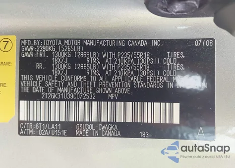 2009 Lexus Rx 350 from USA, damaged, VIN 2T2GK31U39C072532